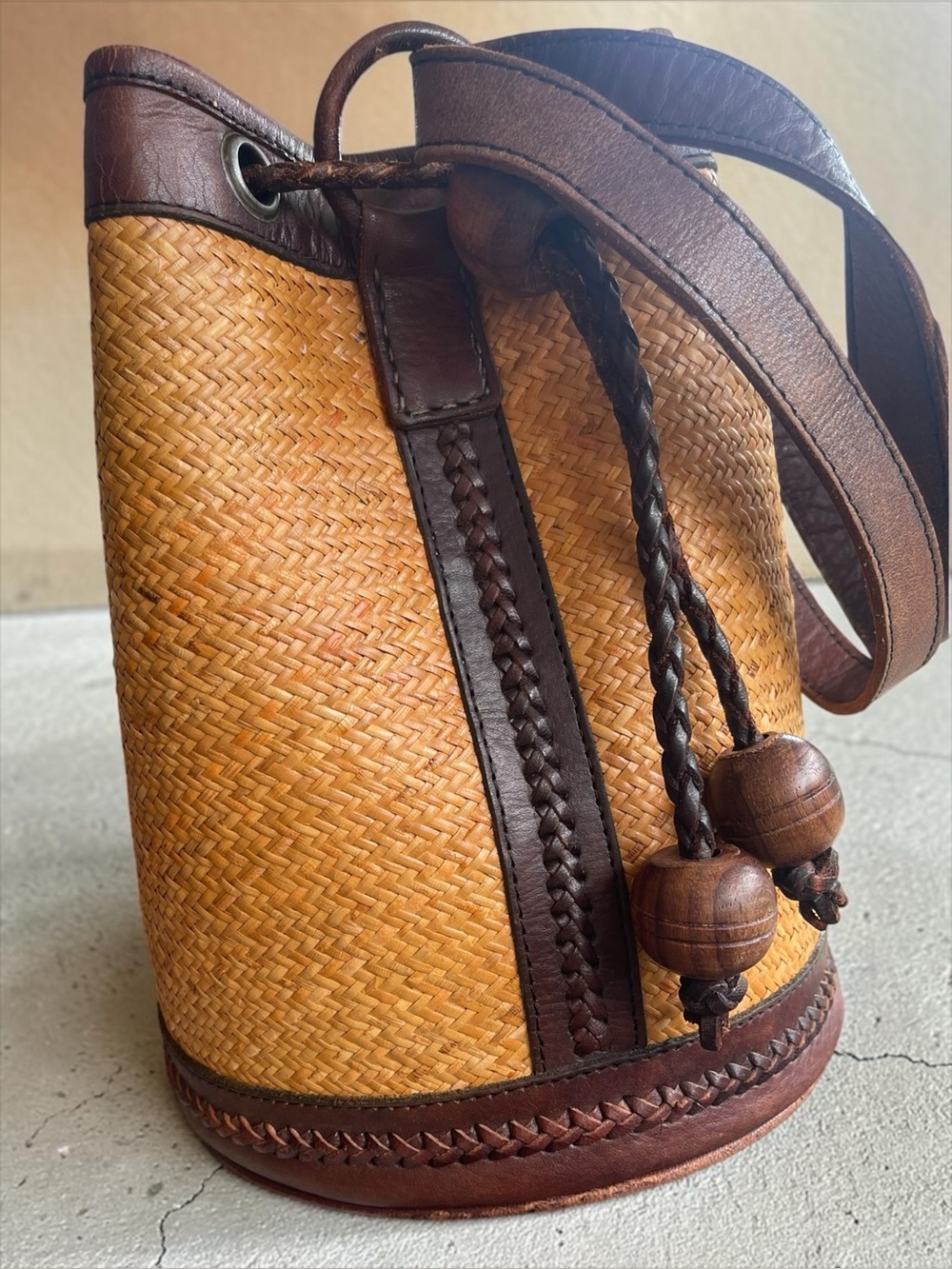 Vintage Talbots Wicker Leather Bucket Backpack Shoulder Bag Wood Bead Tassels